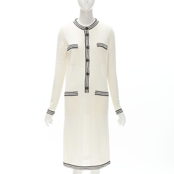 CHANEL Dresses & Skirts - CHANEL cream beige 4-pocket black CC crochet knit midi dress FR38 S